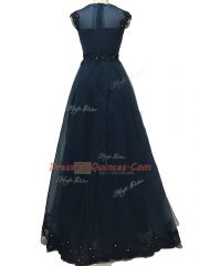 Enchanting Navy Blue Empire Tulle Bateau Sleeveless Lace and Appliques Floor Length Zipper Prom Party Dress