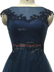 Enchanting Navy Blue Empire Tulle Bateau Sleeveless Lace and Appliques Floor Length Zipper Prom Party Dress