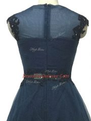 Enchanting Navy Blue Empire Tulle Bateau Sleeveless Lace and Appliques Floor Length Zipper Prom Party Dress