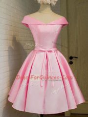 Pink Lace Up Off The Shoulder Belt Vestidos de Damas Taffeta Cap Sleeves