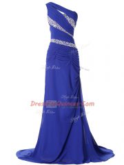 Fashion Chiffon One Shoulder Sleeveless Brush Train Lace Up Beading and Ruching Homecoming Dress in Blue