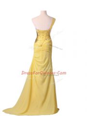 Fashion Chiffon One Shoulder Sleeveless Brush Train Lace Up Beading and Ruching Homecoming Dress in Blue