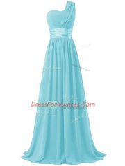 Vintage Aqua Blue Empire Chiffon One Shoulder Sleeveless Ruching Floor Length Lace Up Dama Dress