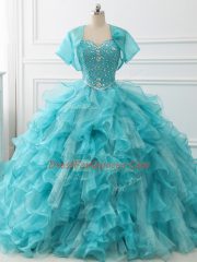 Aqua Blue Sleeveless Brush Train Beading and Ruffles Sweet 16 Quinceanera Dress