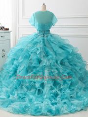 Aqua Blue Sleeveless Brush Train Beading and Ruffles Sweet 16 Quinceanera Dress