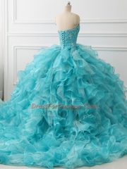 Aqua Blue Sleeveless Brush Train Beading and Ruffles Sweet 16 Quinceanera Dress