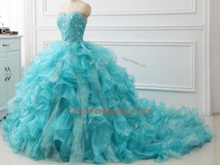 Aqua Blue Sleeveless Brush Train Beading and Ruffles Sweet 16 Quinceanera Dress