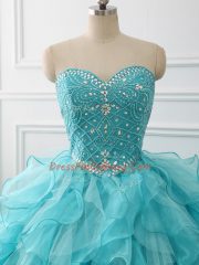 Aqua Blue Sleeveless Brush Train Beading and Ruffles Sweet 16 Quinceanera Dress