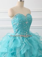 Aqua Blue Sleeveless Brush Train Beading and Ruffles Sweet 16 Quinceanera Dress