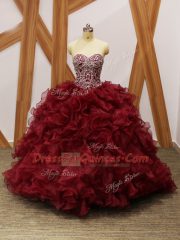 Burgundy Quinceanera Dress Organza Brush Train Sleeveless Beading and Ruffles