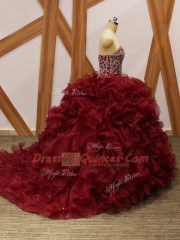 Burgundy Quinceanera Dress Organza Brush Train Sleeveless Beading and Ruffles
