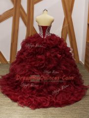 Burgundy Quinceanera Dress Organza Brush Train Sleeveless Beading and Ruffles