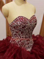 Burgundy Quinceanera Dress Organza Brush Train Sleeveless Beading and Ruffles