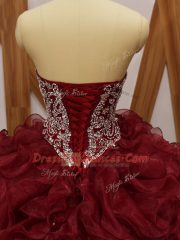 Burgundy Quinceanera Dress Organza Brush Train Sleeveless Beading and Ruffles