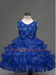 Royal Blue Flower Girl Dress Wedding Party with Lace and Ruffled Layers and Bowknot Scoop Sleeveless Zipper