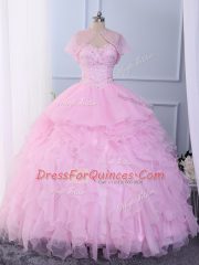 New Arrival Pink Sleeveless Organza Lace Up Quinceanera Gown for Military Ball and Sweet 16 and Quinceanera