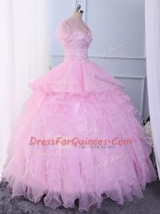 New Arrival Pink Sleeveless Organza Lace Up Quinceanera Gown for Military Ball and Sweet 16 and Quinceanera