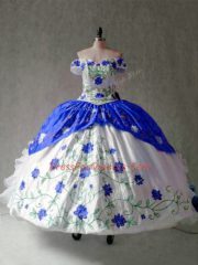 Traditional Blue And White Off The Shoulder Lace Up Embroidery and Ruffles Vestidos de Quinceanera Cap Sleeves