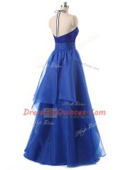 Latest Halter Top Sleeveless Zipper Prom Gown Blue Organza