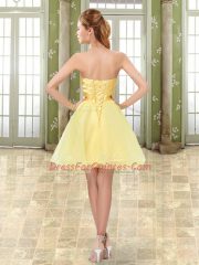 High Quality Yellow Lace Up Prom Dress Beading and Ruching Sleeveless Mini Length