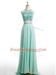 High Quality Chiffon Halter Top Sleeveless Brush Train Backless Beading Prom Dress in Apple Green