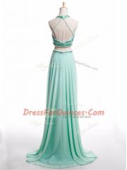 High Quality Chiffon Halter Top Sleeveless Brush Train Backless Beading Prom Dress in Apple Green