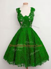 Sweet A-line Vestidos de Damas Green Straps Lace Sleeveless Knee Length Lace Up