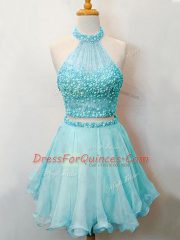 Fancy Aqua Blue Sleeveless Beading Knee Length Quinceanera Court of Honor Dress