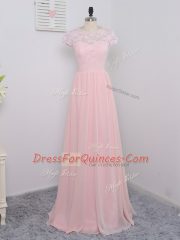 Cute Short Sleeves Chiffon Floor Length Zipper Dama Dress for Quinceanera in Baby Pink with Lace