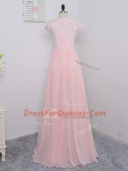 Cute Short Sleeves Chiffon Floor Length Zipper Dama Dress for Quinceanera in Baby Pink with Lace