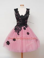 Hot Sale Pink Sleeveless Lace Knee Length Vestidos de Damas