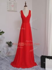 Red Empire Chiffon V-neck Sleeveless Ruching Floor Length Zipper Quinceanera Court Dresses