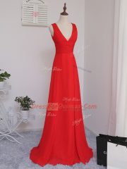 Red Empire Chiffon V-neck Sleeveless Ruching Floor Length Zipper Quinceanera Court Dresses
