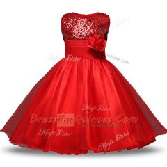 Flirting Ball Gowns Toddler Flower Girl Dress Red Scoop Organza and Sequined Sleeveless Knee Length Zipper