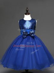 Royal Blue Zipper Little Girl Pageant Gowns Sequins and Bowknot Sleeveless Tea Length