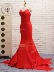 Exceptional Satin Sweetheart Sleeveless Brush Train Zipper Ruching Prom Gown in Red
