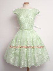 Elegant Yellow Green Cap Sleeves Lace Knee Length Court Dresses for Sweet 16