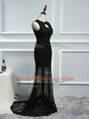 Sleeveless Brush Train Lace and Appliques Backless Prom Evening Gown
