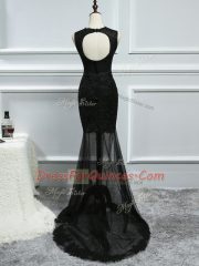Sleeveless Brush Train Lace and Appliques Backless Prom Evening Gown