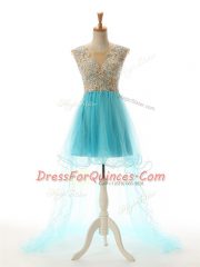 Cheap Aqua Blue Sleeveless Tulle Backless Dress for Prom for Prom and Party and Sweet 16