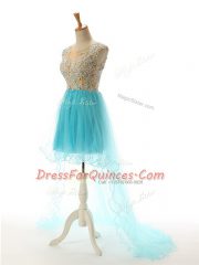Cheap Aqua Blue Sleeveless Tulle Backless Dress for Prom for Prom and Party and Sweet 16
