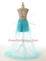 Cheap Aqua Blue Sleeveless Tulle Backless Dress for Prom for Prom and Party and Sweet 16