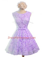 Deluxe Lavender Sleeveless Knee Length Belt Lace Up Quinceanera Court Dresses
