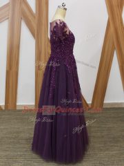 Purple Short Sleeves Tulle Zipper Prom Dress for Prom and Military Ball