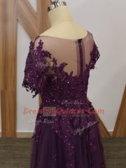 Purple Short Sleeves Tulle Zipper Prom Dress for Prom and Military Ball
