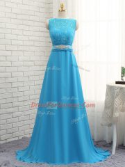 Popular Baby Blue Empire Chiffon Bateau Sleeveless Beading and Lace Zipper Quinceanera Court Dresses Brush Train