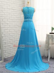 Popular Baby Blue Empire Chiffon Bateau Sleeveless Beading and Lace Zipper Quinceanera Court Dresses Brush Train