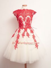 Super Sleeveless Mini Length Appliques Lace Up Court Dresses for Sweet 16 with White And Red