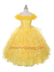 Wonderful Yellow Organza Lace Up Kids Pageant Dress Sleeveless Floor Length Ruffles and Ruffled Layers