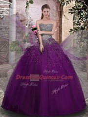 Purple Sleeveless Tulle Lace Up Quince Ball Gowns for Military Ball and Sweet 16 and Quinceanera